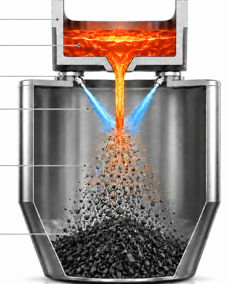 Water atomisation showing molten metal, water sprays and collected powder