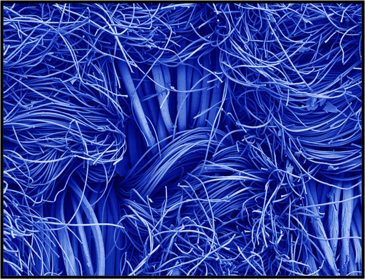 Close up of blue textile fibres and interlaced yarns