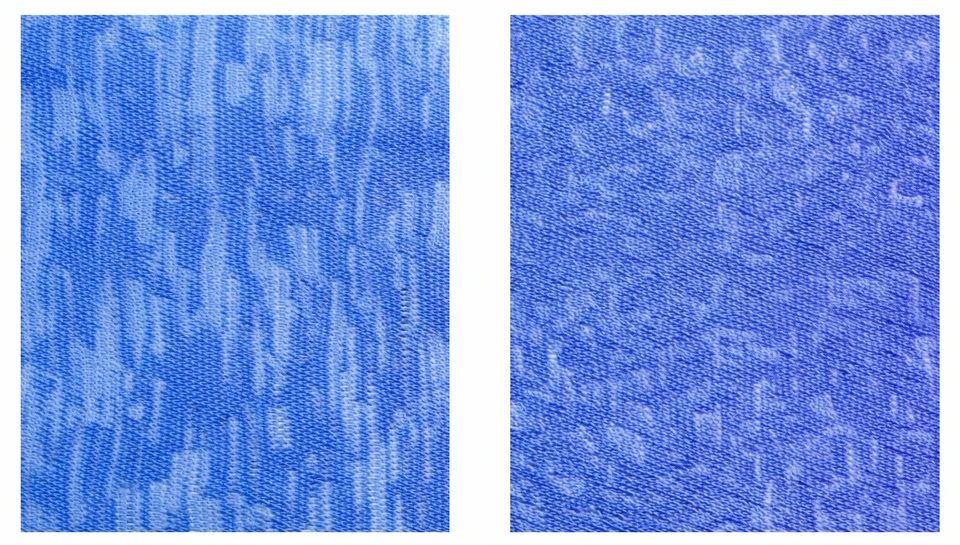 Blue knitted fabric showing thick and thin yarn effects, sample 1