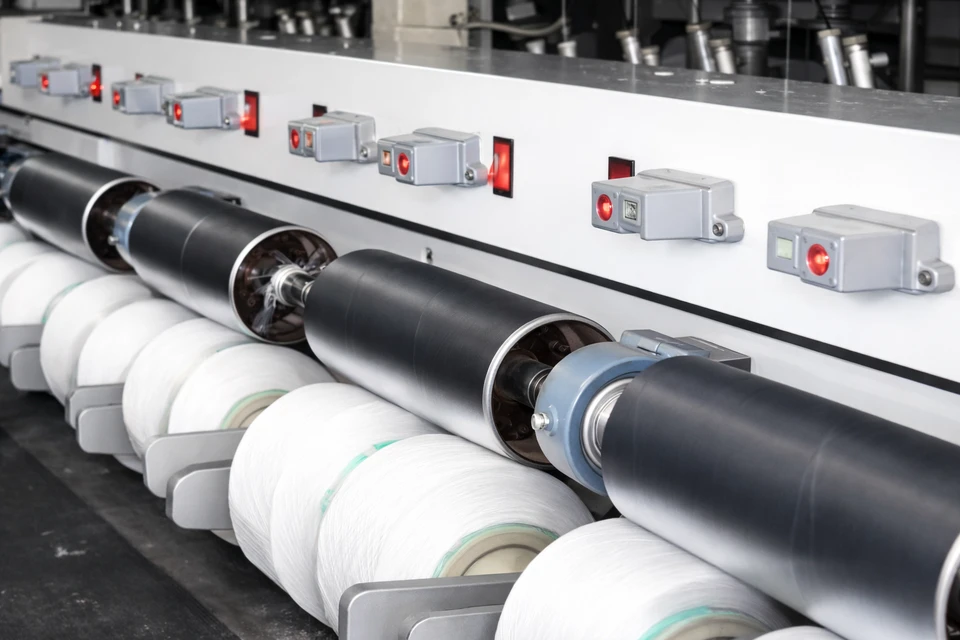 Murata controlled elastane feed installation showing feed rollers, elastane bobbins and yarn sensors