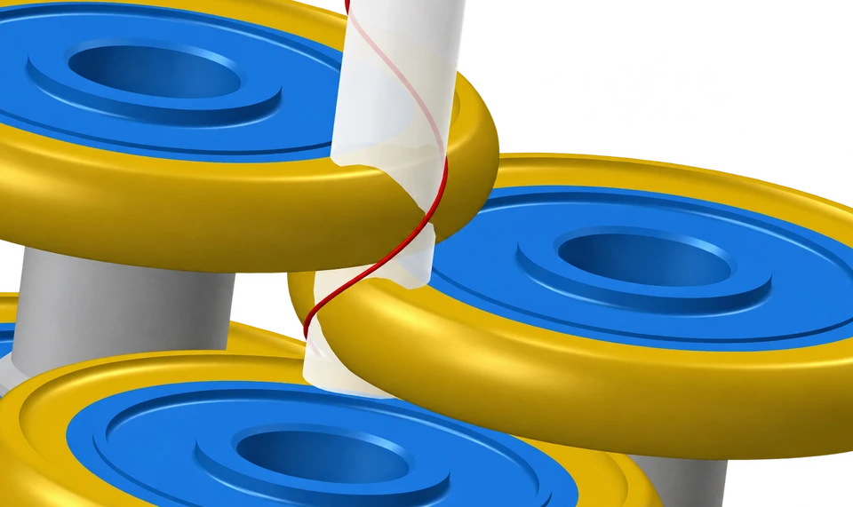 Red spiral yarn path through the overlapping friction discs, shown around a transparent imaginary cylinder