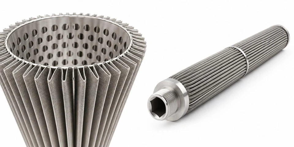Pleated filtration media and representative all metal candle element.
