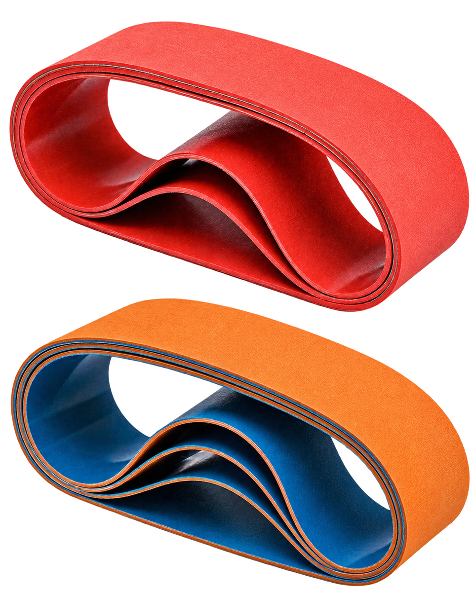 Red apron belt above an orange apron belt with blue lining, with plain unmarked surfaces