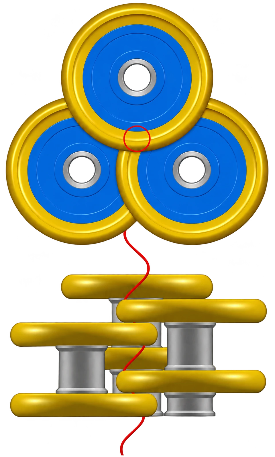 Top and side views of overlapping gold and blue friction discs, showing the central overlap region and the red spiral yarn path