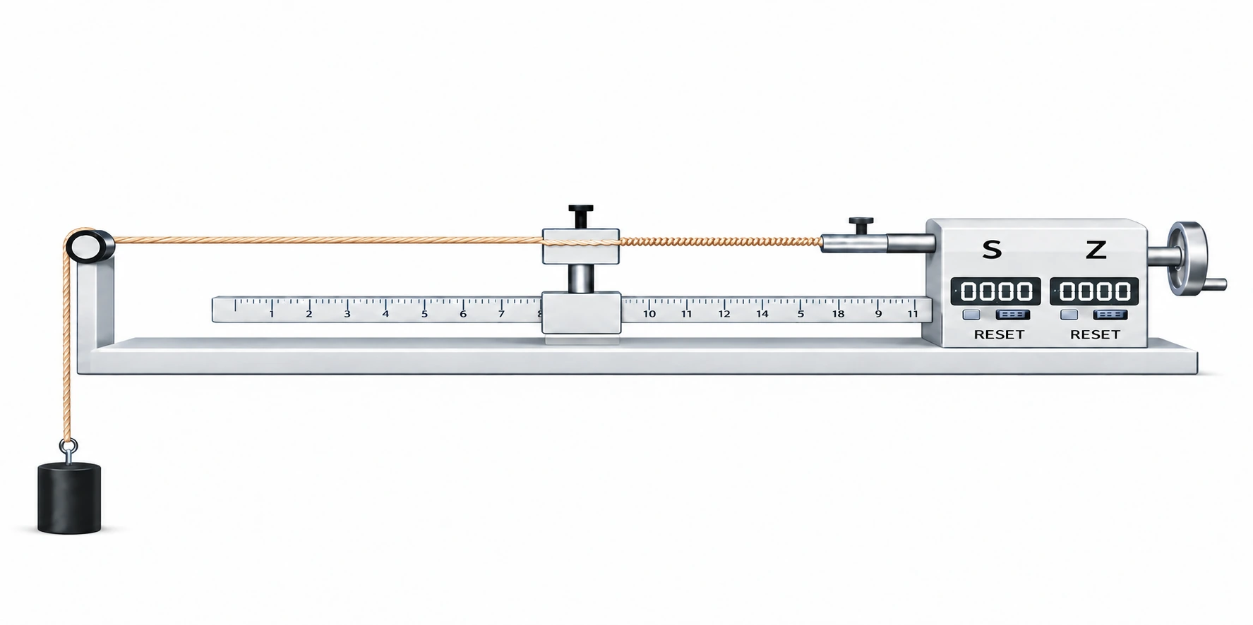 Twist tester with tightly twisted yarn between the jaws, straighter filaments passing over the left roller, a movable jaw at the ruler midpoint, a hanging weight and two digital counters